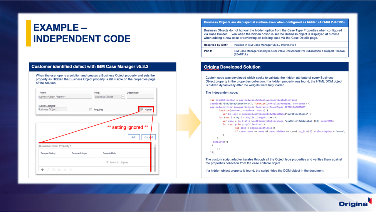 Example of independent code by Origina to address an IBM software defect